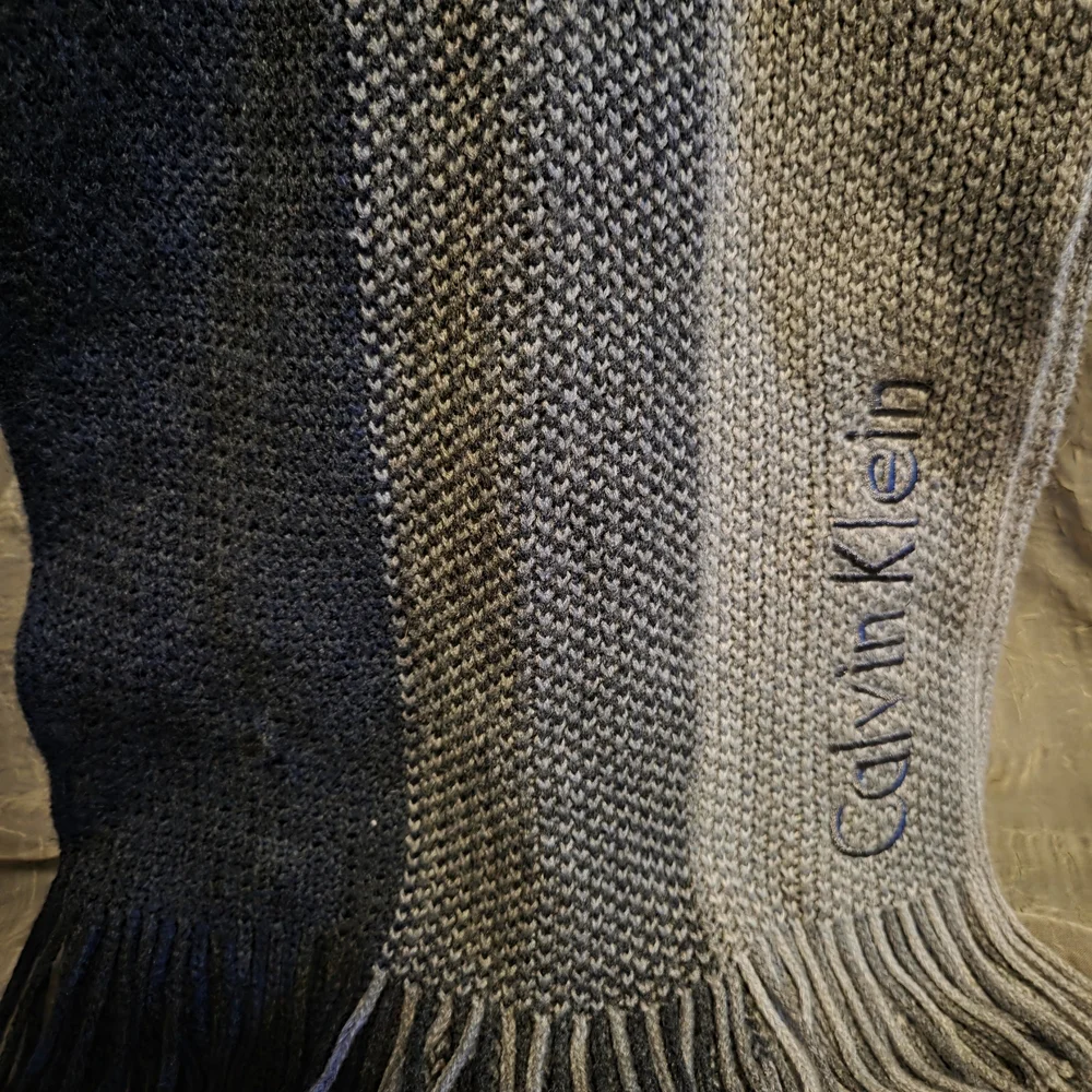 Calvin Klein Gray & Black Logo Knit Scarf | Fringe Winter Scarf